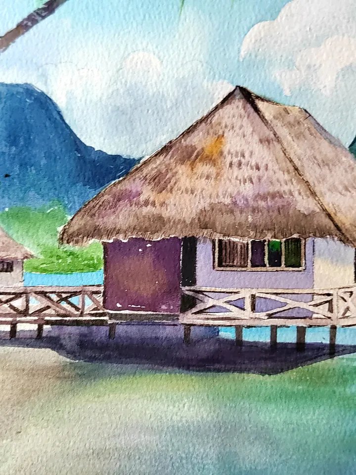 Original Watercolor Painting Tropical Landscape Art Beach and Bungalows Artwork Sea with Mountains Picture Aquarelle Tropical Beach