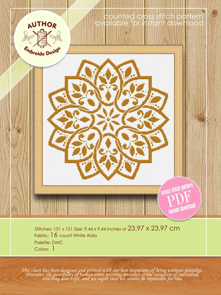 Mandala cross stitch pattern download PDF Monochrome cross stitch Easy mandala digital PDF Flower mandala ornament cross stitch chart #M19