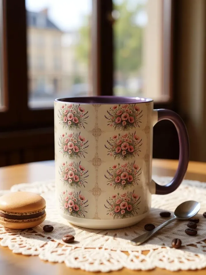 French Cottagecore Floral Mug | Embroidered Flower Aesthetic | Vintage Chateaucore Mug | Soft Pastel Country Style Gift | Cozy Farmhouse Mug
