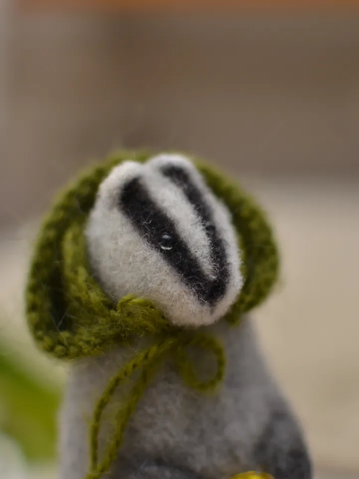 Badger Miron handmade toy made of wool, tea with lemon