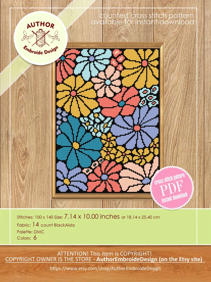 Abstract flowers cross stitch pattern PDF download Boho floral cross stitch chart, Modern flower pattern digital PDF, Beginner x-stitch #P45