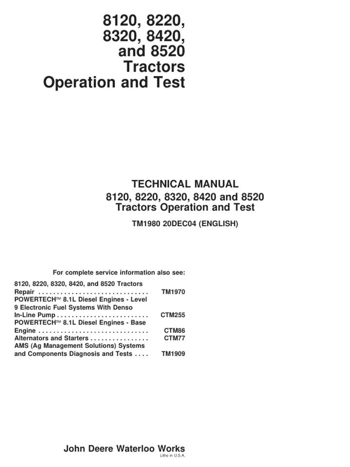 John Deere 8120 8220 8320 8420 8520 Operation and Test Manual TM1980