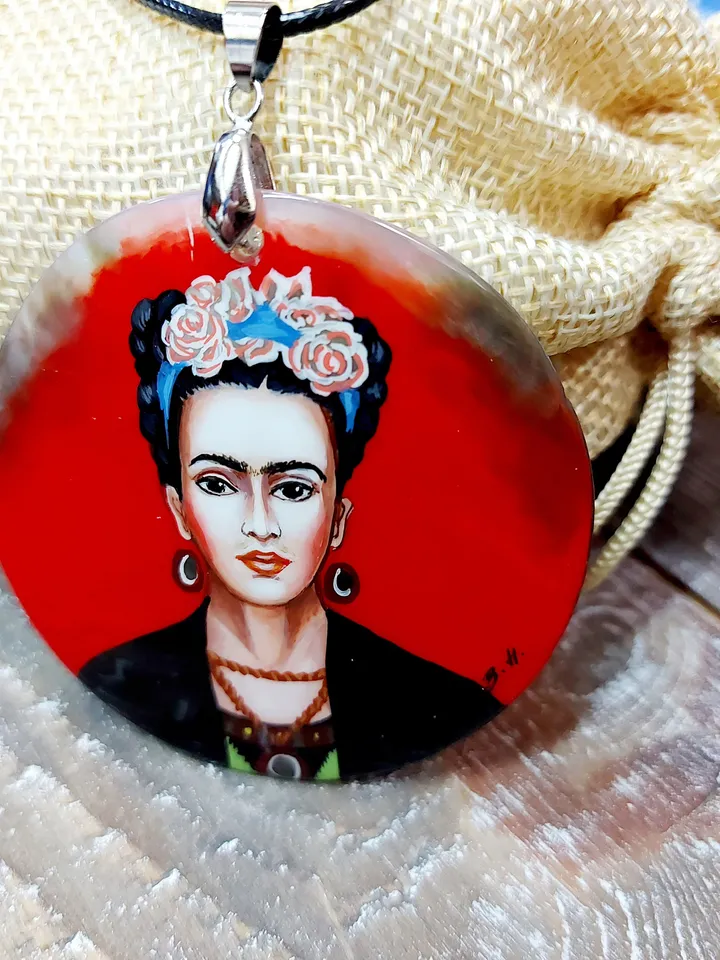 Russian jewelry: Red Self-portrait by Frida Kahlo on statement pendant. Fedoskino art painting on mother of pearl necklace. Gift for sister