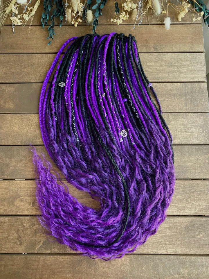 Black and purple Synthetic Double Ended Dreadlocks with curly ends, Ready to ship