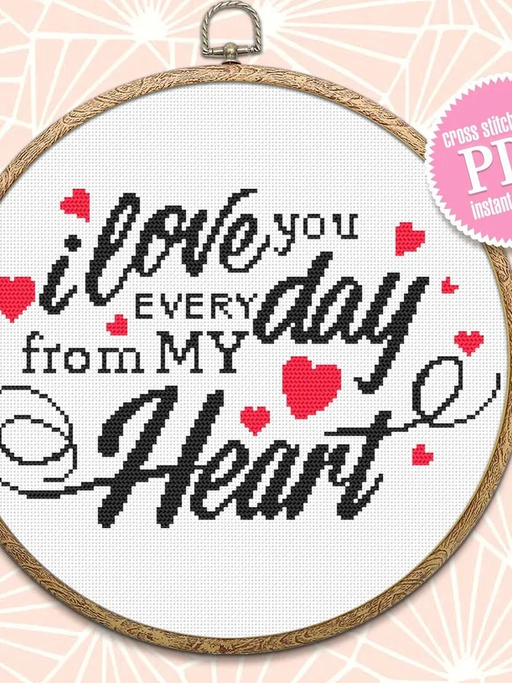 Love quote cross stitch pattern download PDF Love lettering I love you every day cross stitch chart, Valentines day gift Beginner stitch #V4