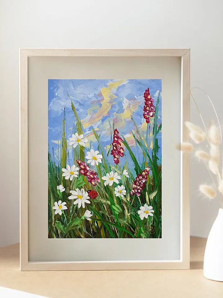 Daisy Painting Bluebonnet Original Art Wildflower Wall Art Ladybug Art Meadow