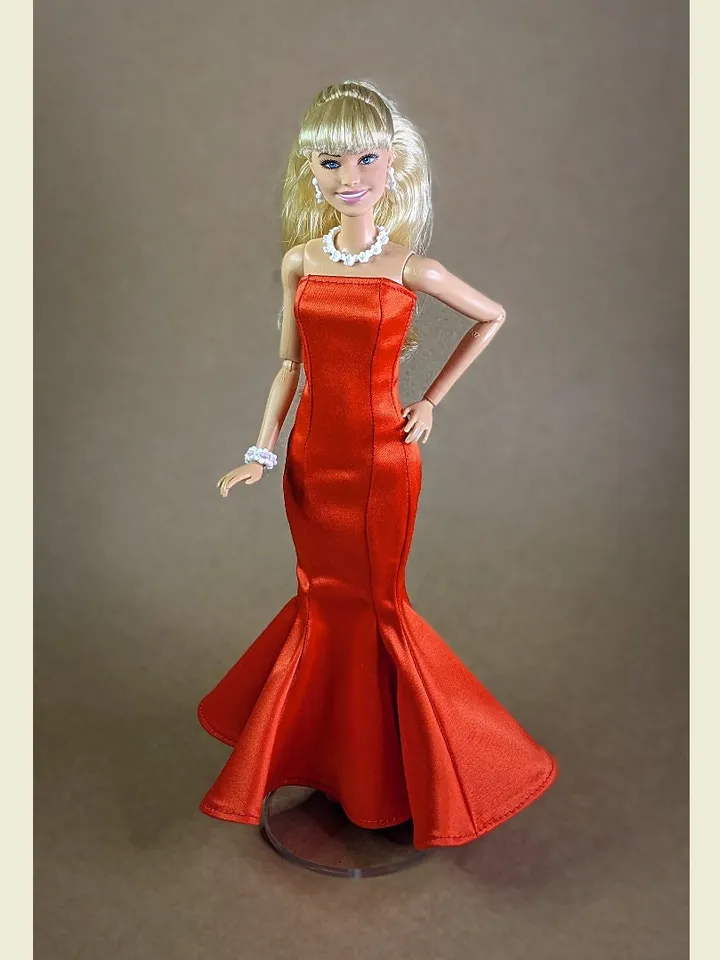 Handmade hot red evening maxi dress for 1/6 scale fashion female dolls