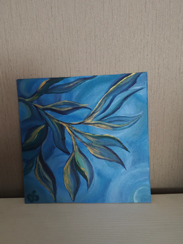 Floral Original Painting Floral Blue Abstract Original Art Blue Leaves Modern Artwork Abstract Blue Floral Oil Painting 8 x 8 inches by OlgaSokolovaArt