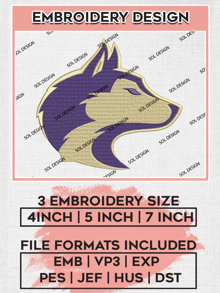 Washington Huskies Mascot Embroidery Designs, NCAA Logo Embroidery Files, NCAA Washington Huskies Logo, NCAA Embroidery Designs, Machine Embroidery Designs, Digital Download
