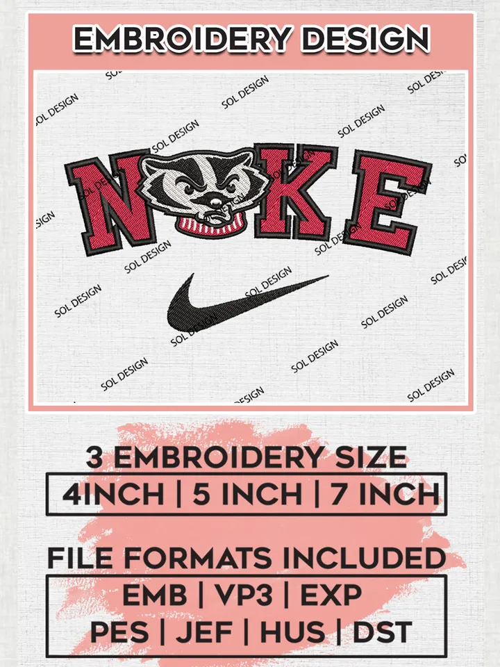Nike Wisconsin Badgers Machine Embroidery Design, NCAA Wisconsin Badgers Embroidery Design Design files, NCAA Embroidery Designs, NCAA Machine Embroidery Designs, Digital Download