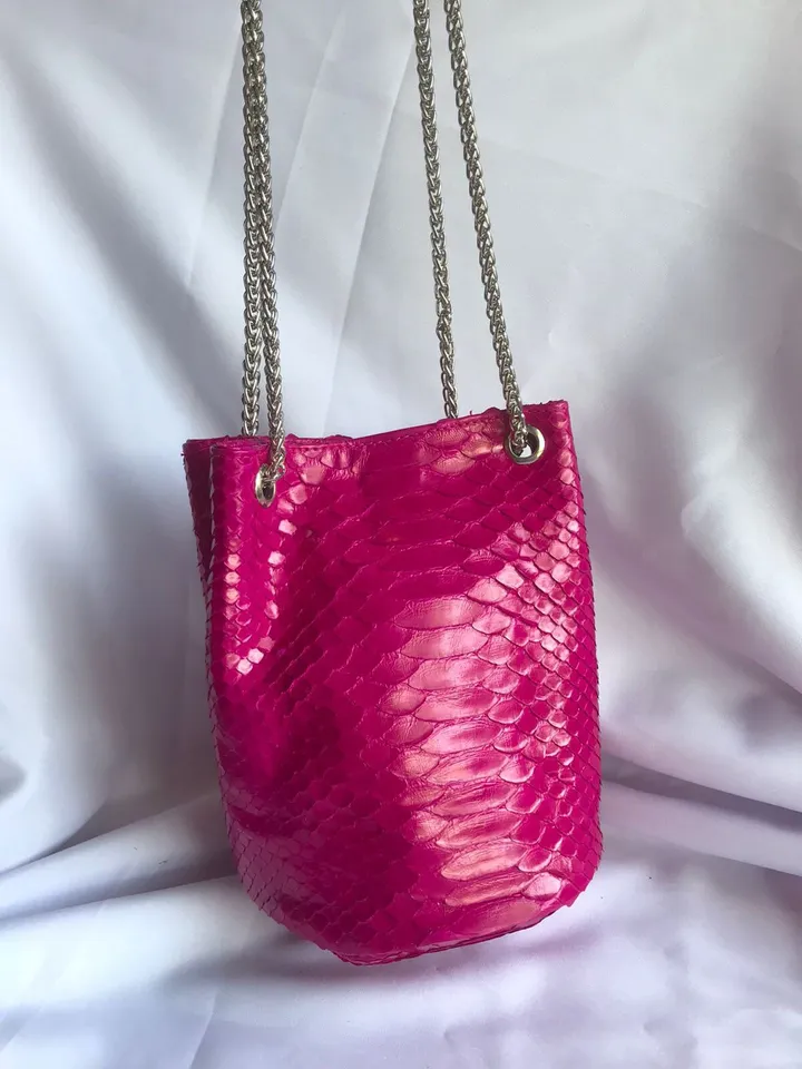 Genuine python skin bucket fuchsia chain bag / designer women purse / bright soft bag / exotic leather bags free shipping | gift for her
