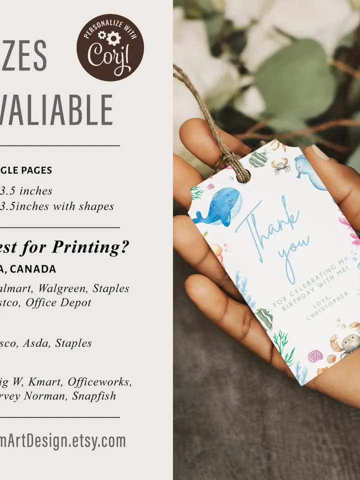 Under the Sea Printable Favor Tags, Ocean Animals Favour Tags, Thank You Tags, Gift Tags, Oneder the Sea Favor Tags, 1st Birthday Boy I107