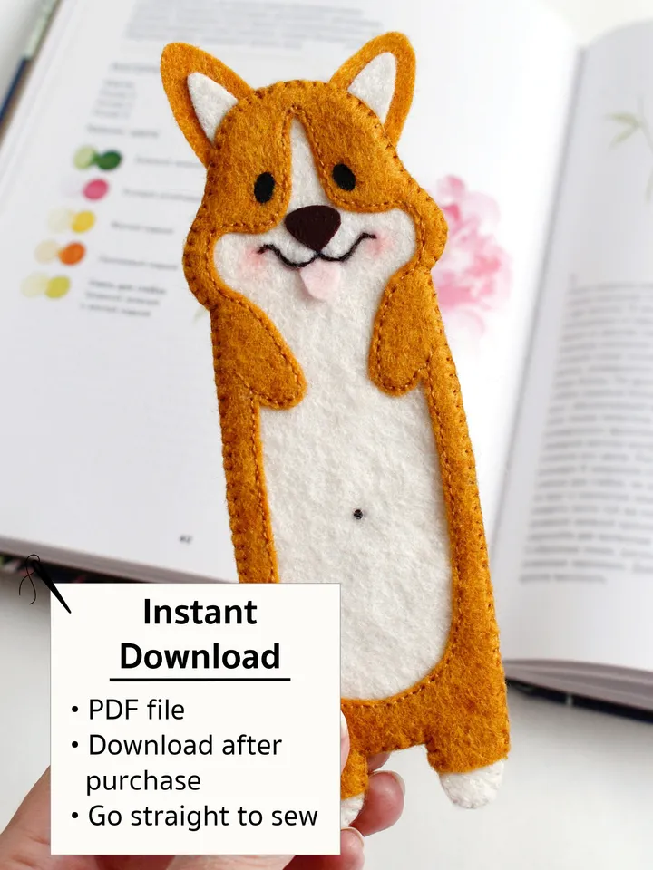 Felt long corgi bookmark hand sewing PDF tutorial with patterns. DIY dog bookmark. Book and pets lover gift. Felt school supplies