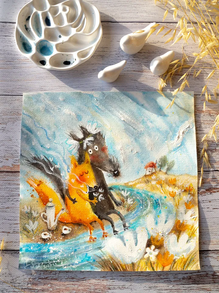 27x27cm Artwork by Julia Schigal "Spring Happiness" - watercolor, gouache, pastel