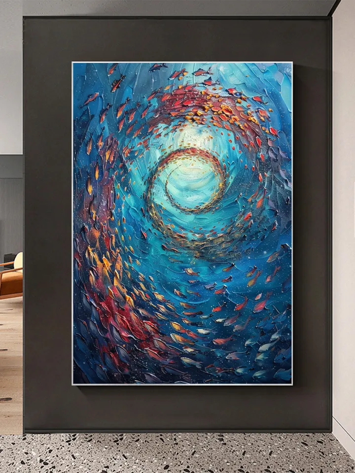 Original School of Fish Oil Painting On Canvas, Abstract Blue Underwater World Art, Ocean Painting, Custom Painting, Living Room Wall Art