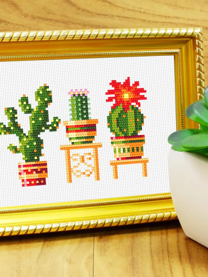 Cactus plant cross stitch pattern download PDF, Floral cross stitch chart, Potted plants embroidery PDF, Easy small cross stitch #P21