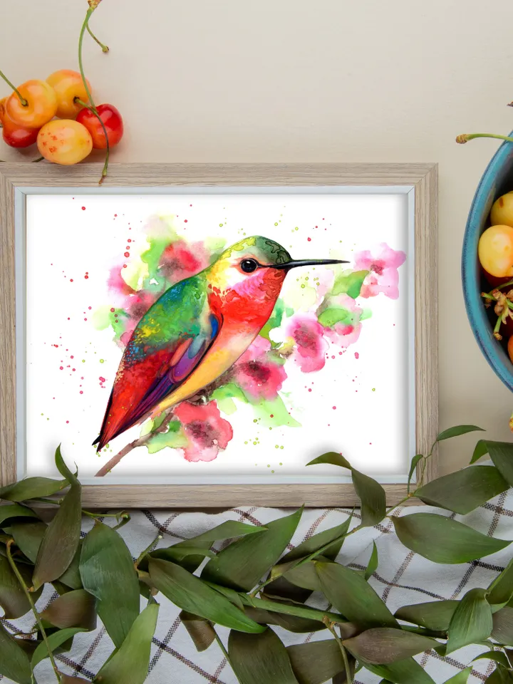 Hummingbird original watercolor, bird on the branch flowers painting, colibri portrait room decor, 8x11 in wall art for bird lovers handmade by Anne Gorywine