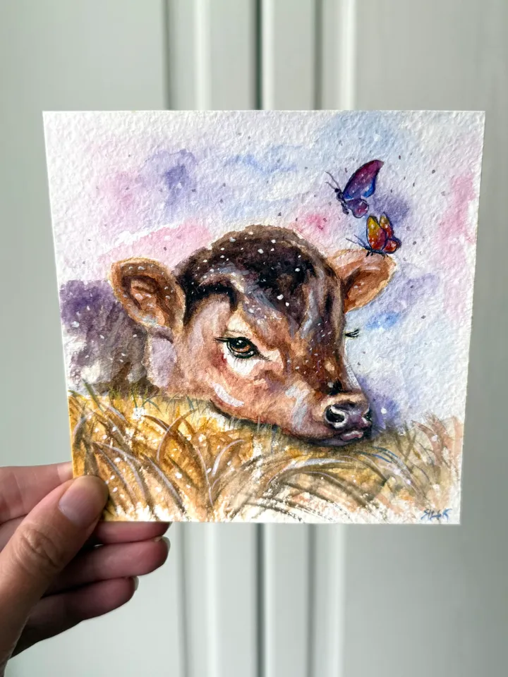 Cow Painting Original Watercolor Painting Farm Art Gift Small Animal Artwork Illustration 5 by 5