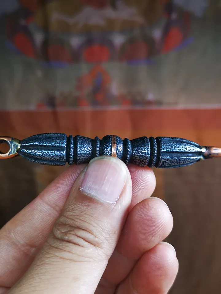 Gandhanra Vintage Tibetan Buddhist Amulet,Nine-pronged Dorje Vajra Pendant,Made of Cold Iron,inlaid Copper Wire,3.5"