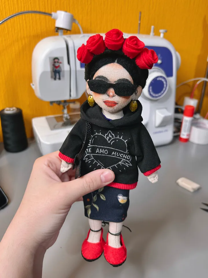 Special order, textile art doll inspired by Frida