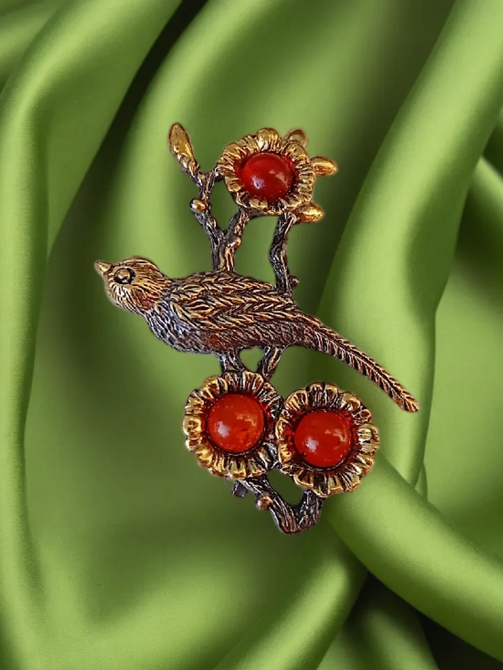 Bird on a branch with flowers Brooch Jewelry Nice gift for girl women Gold Red amber brooch Paradise Bird Brooch Summer jewelry Christmas small gift
