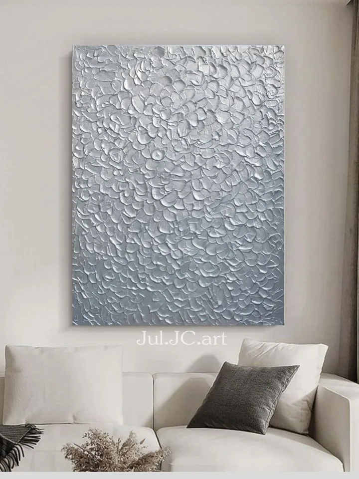 Silver Abstract Wall Art Glittery Silver Painting Textured artwork | Living room wall art Light Silver home decor