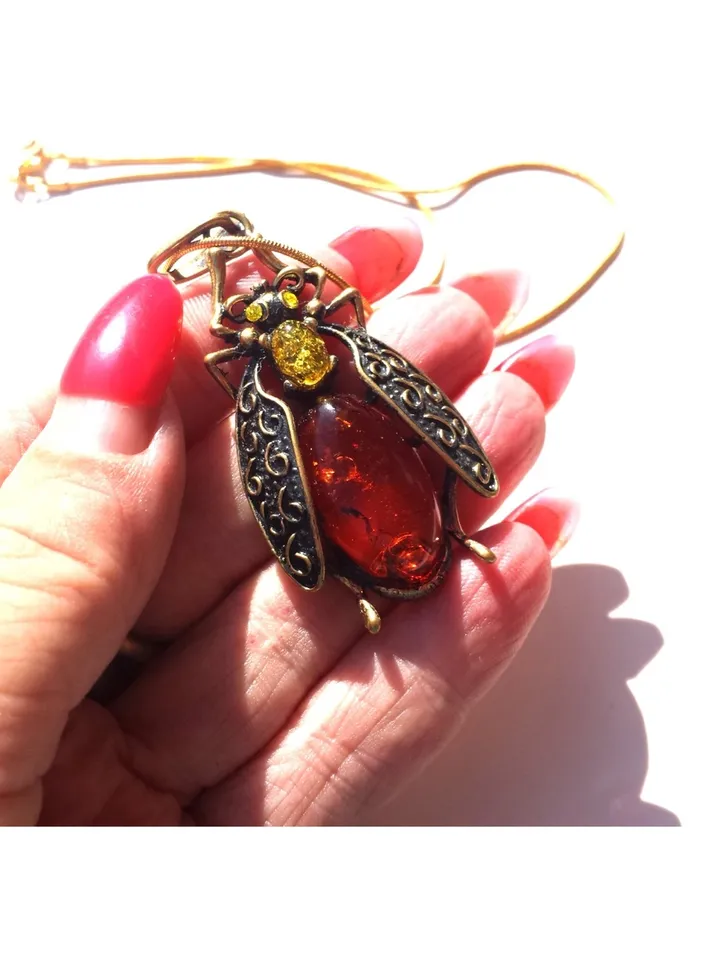 Beetle Insect pendant with Baltic Amber Jewelry Antique Gold Brass Vintage Style Cute Beetle necklace Nature Lovers idea Perfect Gift for Girlfriend Daughter Women Holiday Jewelry