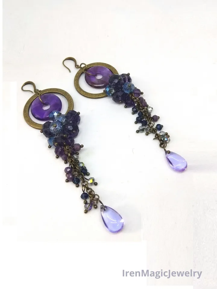 Boho Purple Cluster Earrings with Amethyst Donuts