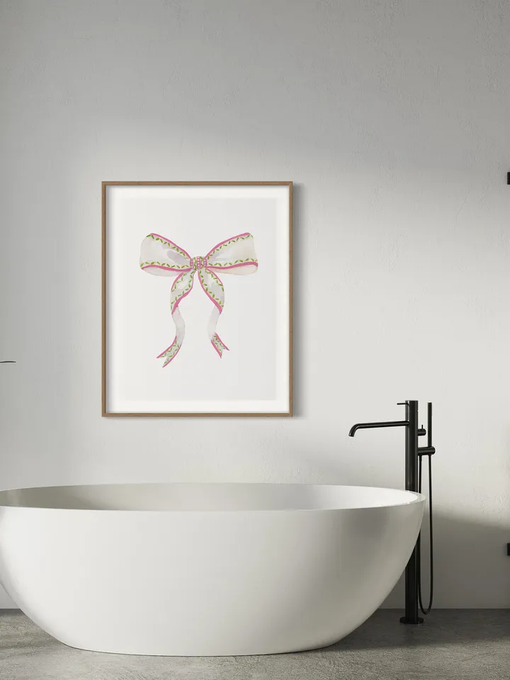 Pink Bow Watercolor Print, Baby Girl Gift, Nursery Room, Pink And White, Pink Bow Wall Art, Girly Wall Art, Vintage Bow, Green Bow Print