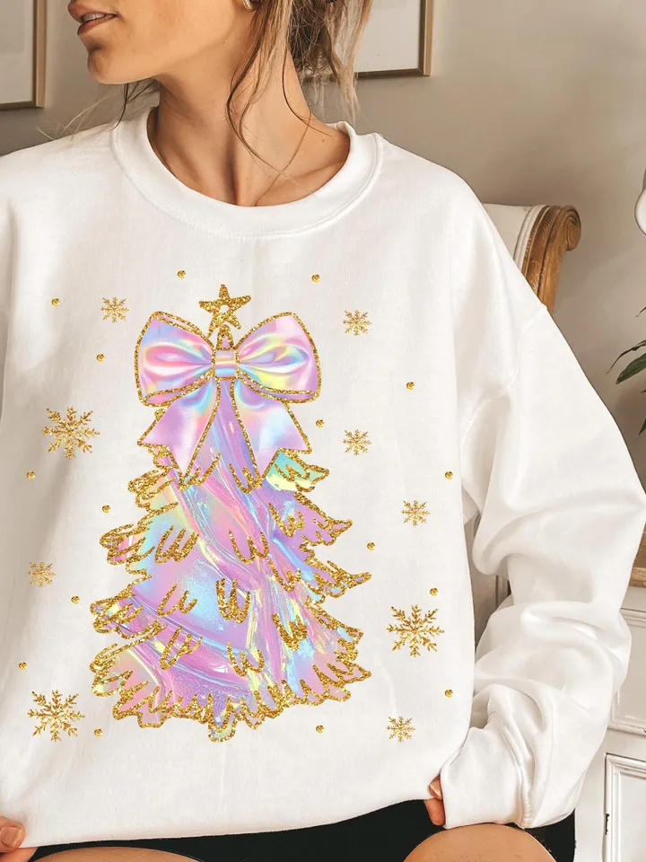 Iridescent Christmas Tree PNG, Coquette Christmas Png, Iridescent Christmas Png, Girly Christmas Png, Colorful Glitter Christmas Tree Png
