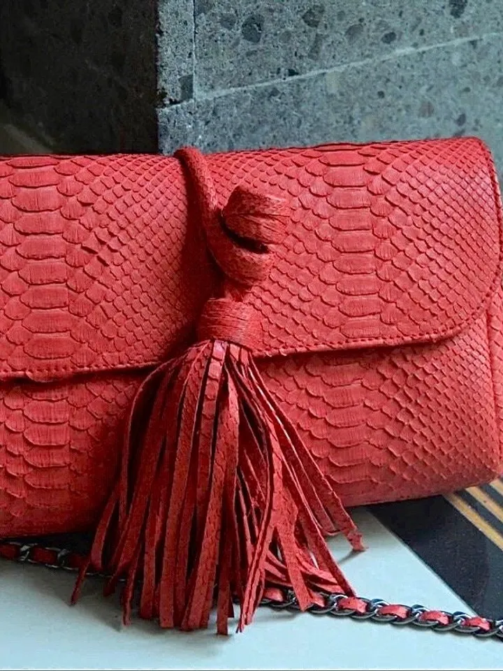 Genuine Python Skin Clutch with tassel |women purse | exotic leather bags | red classy evening clutch | designer crossbody bag handmade