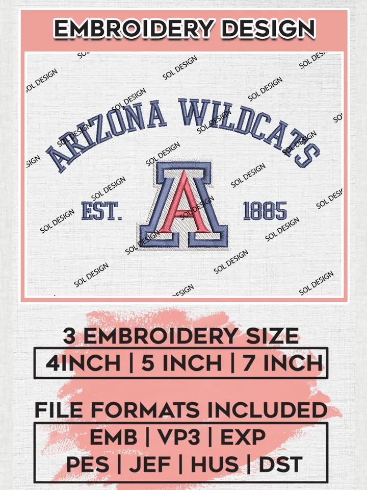 Arizona Wildcats Est 1885 Logo Embroidery Designs, NCAA Arizona Wildcats Team Embroidery, NCAA Team Logo, 3 sizes, Machine embroidery Files, Digital Download