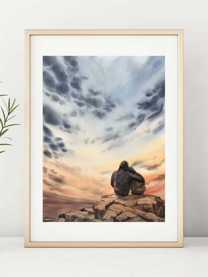 Sunset Original Seascape Painting Watercolor Romantic Painting Love Art