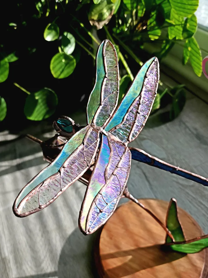3D Stained Glass Dragonfly Mounted on Cattail Tabletop Sculpture Unique Luxury Gift Realistic Glassworks Antique Feel Contemporary Folk Art