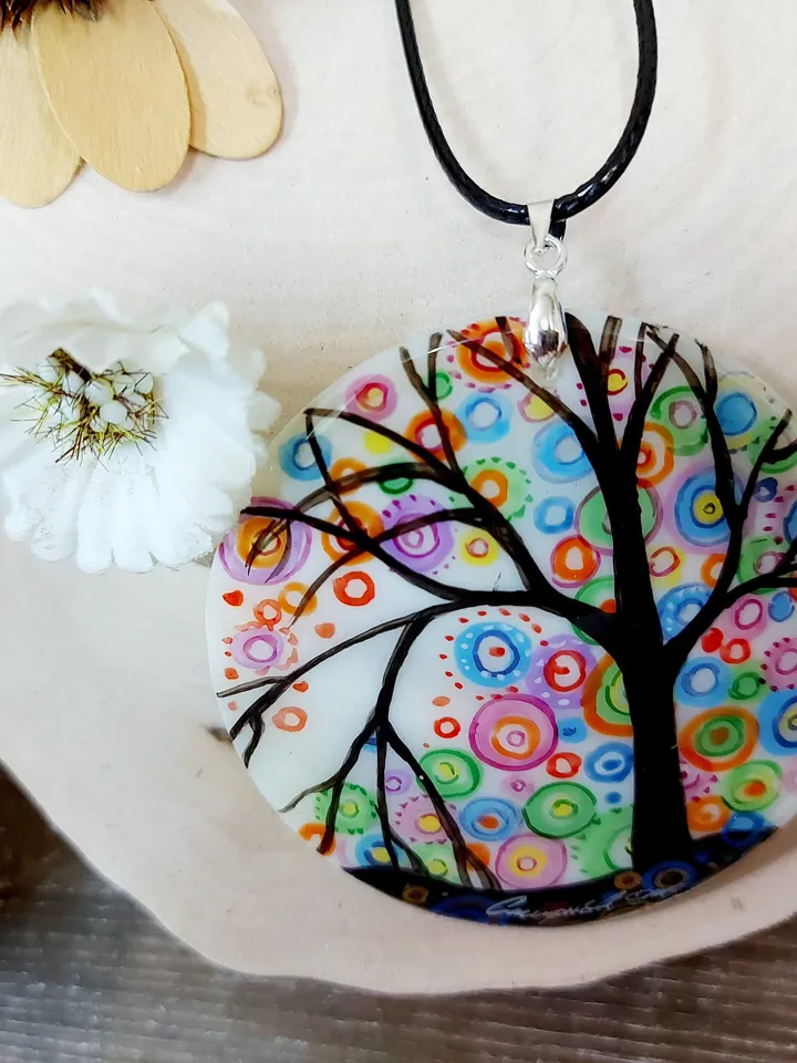 Mother-of-pearl Russian hand-painted necklace The Tree of Happiness Hand paint necklace pendant MOP pendant Hand painted miniature painting
