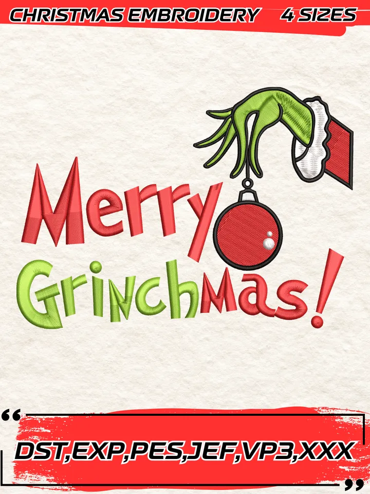Merry Grinchmas Embroidery File Designs,Grinch Christmas Embroidery Design,Christmas Embroidery Design,4 Sizes,Digital Download