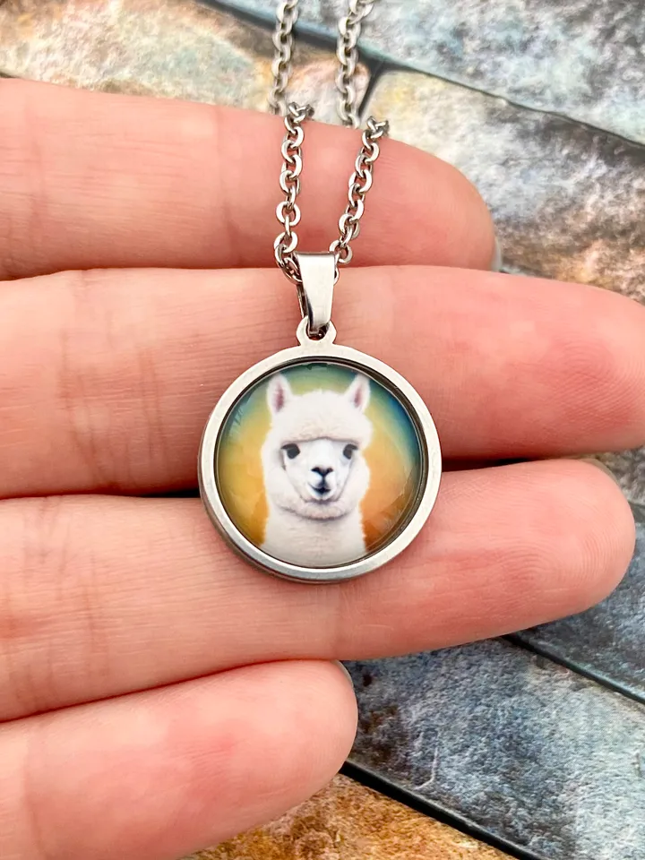 Alpaca necklace, steel pendant with glass, Lama lover gift