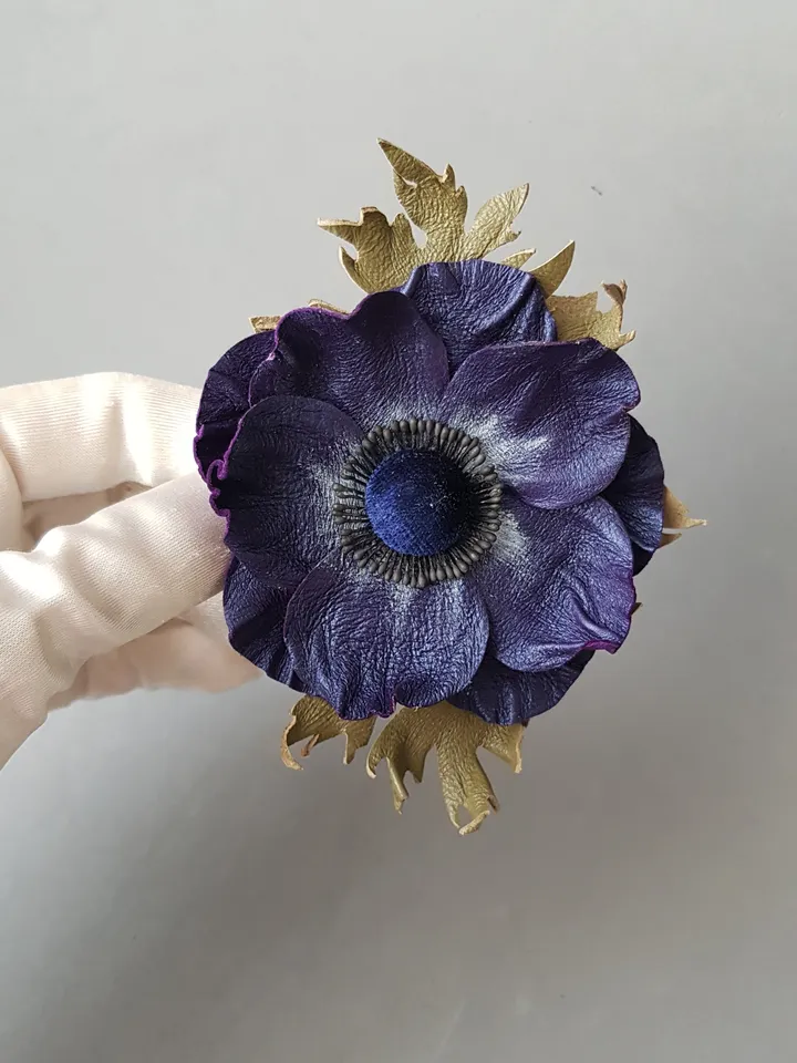 Dark blue leather brooch for her, Leather women's jewelry