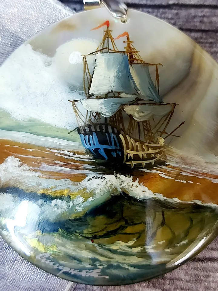 Pearl pendant necklace: Ship in sea storm painted on handmade shell art jewelry • Dainty handcrafted nautical jewelry for dress on yacht