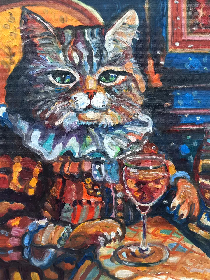 Funny Cat grey with a glass Oil Painting Impasto Artwork Oil on canvas 8*6 inc