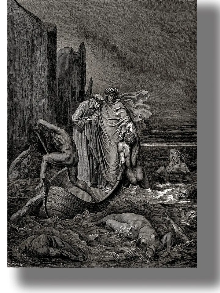 Crossing the Styx. Charon transports Dante and Virgil to the world of the dead on his boat.