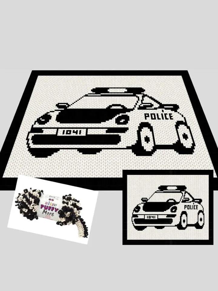 Loop yarn Finger knitted Police Car blanket pattern