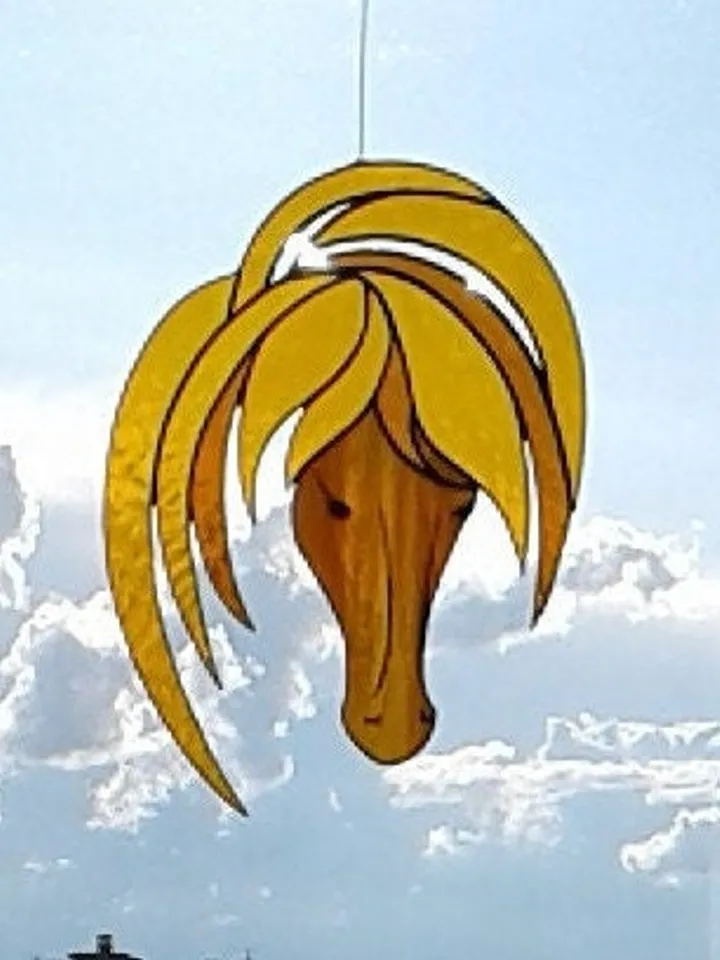 Head Horse Golden Amber Brown . Art stained glass window hanging Suncatcher