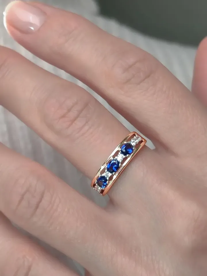 Ring silver 925, gold plated with sapphires and cubic zirconia