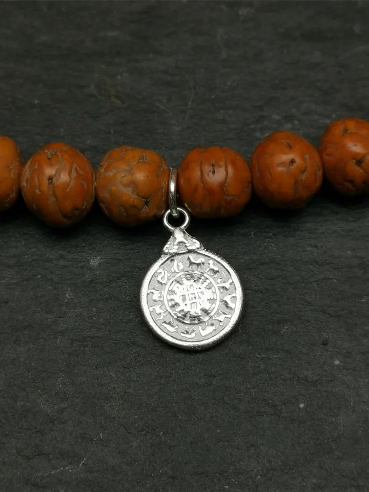 Gandhanra Handmade Tibetan Buddhist Calendar Badge Pendant,Kalachakra Amulet for Mala,Necklace,Made of Sterling Silver,Small Size 0.6"