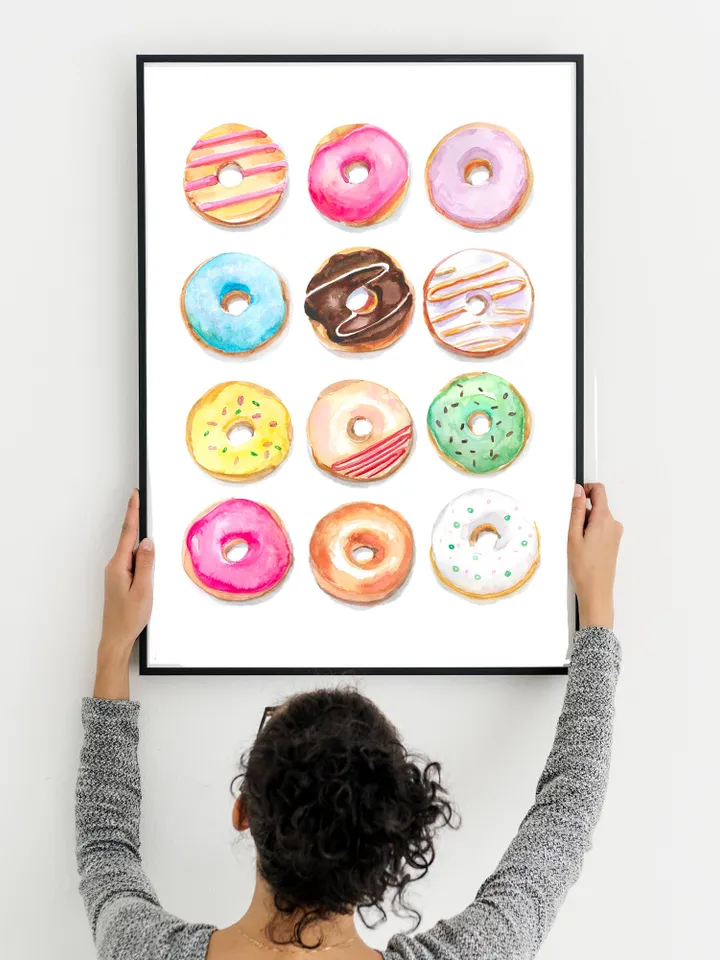 Donuts Watercolor Illustration Colorful Wall Art Dessert Painting Kids Room Wall Art Breakfast Chocolate Cake Birthday Gift Donut Art Print