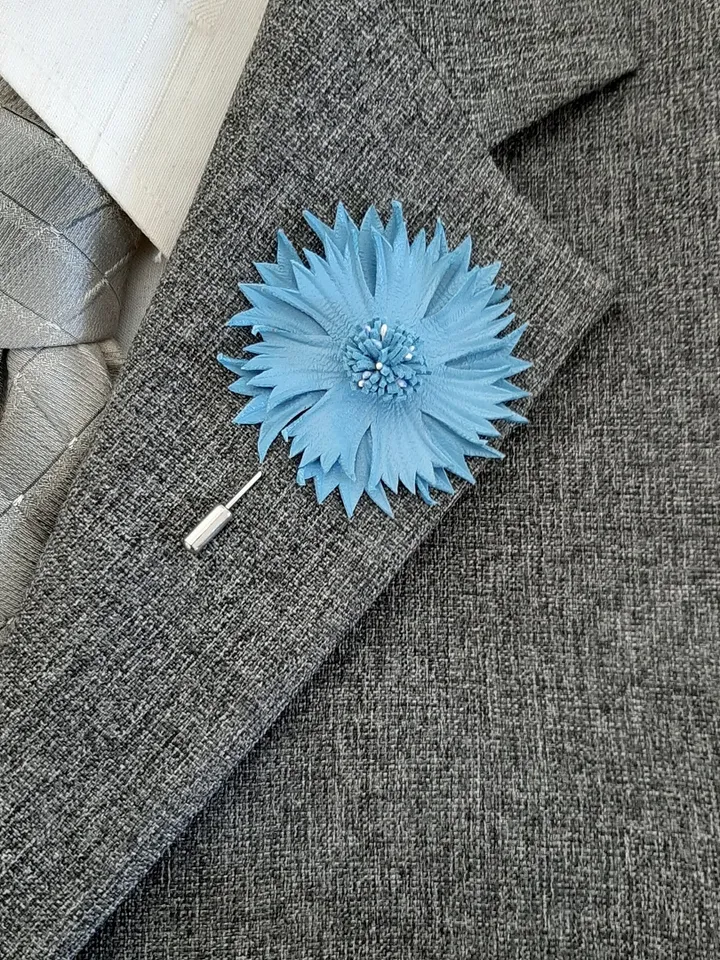 Blue cornflower men's lapel pin Leather boutonniere for him 3rd anniversary gift