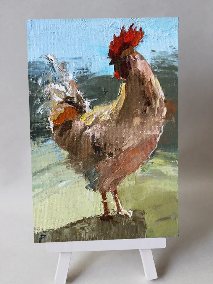 Morning. Rooster . Oil on canvas on quartz vinyl.
