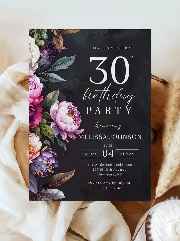 Modern 30th Birthday Canva Template – Moody Burgundy & Blush Peony Floral Invitation, Elegant Dark Background Birthday Party Invite