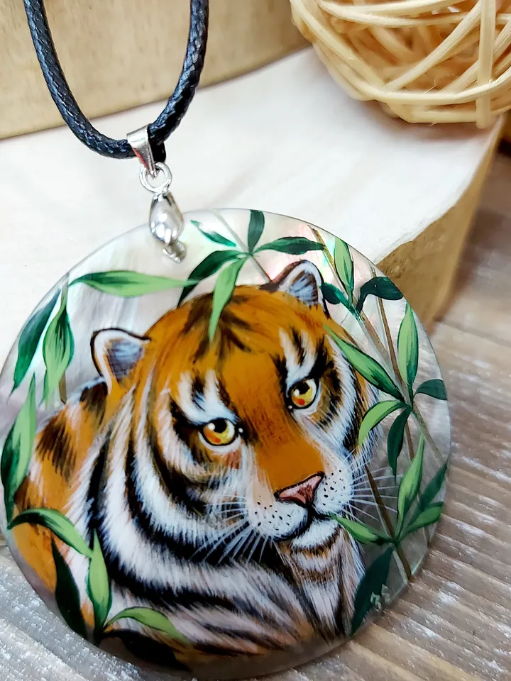 Pendant "Tiger" Mother-of-pearl Hand-painted Summer jewelry Russian jewelry magic of painting fine art jewelry Fedoskino Gift Collectible